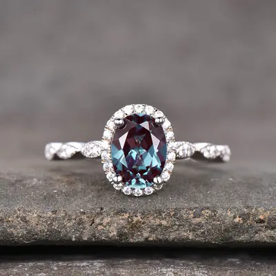 Oval Alexandrite Halo Diamond Engagement Ring Marquise