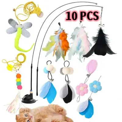 Cat Teaser Toy, 10pcs/set Interactive Cat Teaser Toy, Fun Indoor Cat Toy, Cats Chasing Stick, Animal Supplies