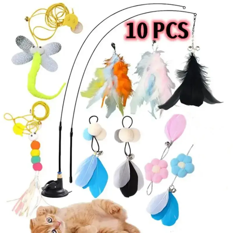 Cat Teaser Toy, 10pcs/set Interactive Cat Teaser Toy, Fun Indoor Cat Toy, Cats Chasing Stick, Animal Supplies