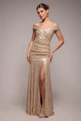 Goddiva Bardot Sequin Pleated Maxi Dress - Gold