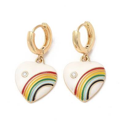 Heart with Rainbow Real 18K Gold Plated Brass Dangle Hoop Earrings