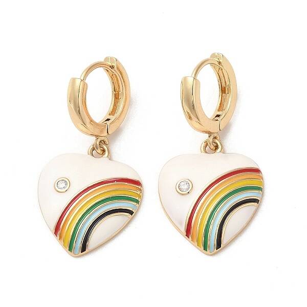 Heart with Rainbow Real 18K Gold Plated Brass Dangle Hoop Earrings