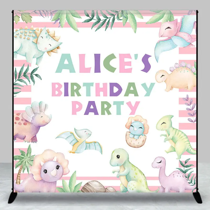 Aperturee Pink Dinosaur Plant Custom Name Birthday Backdrop - Aperturee