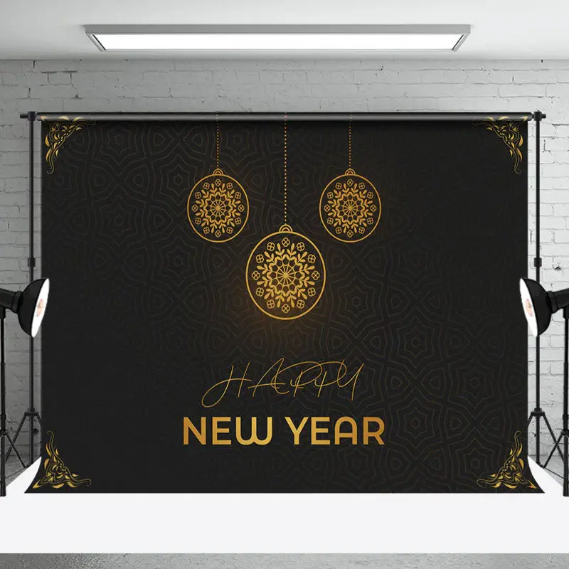 Aperturee Golden Hanging Ball Black Happy New Year Backdrop - Aperturee