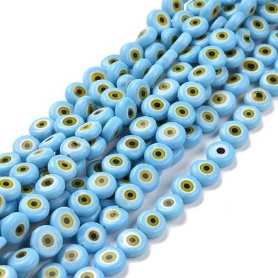 Handmade Evil Eye Lampwork Flat Round Bead Strands