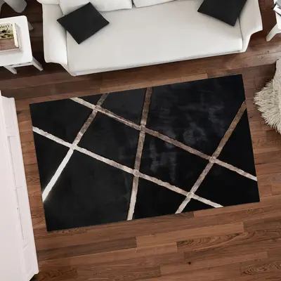 Black Plush Rug with Rose Gold Stripes