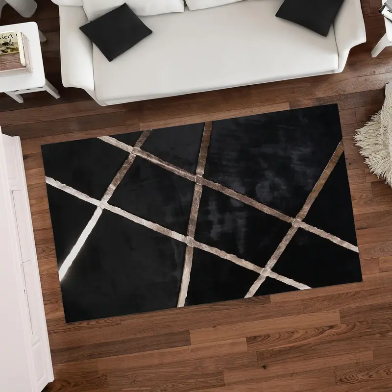 Black Plush Rug with Rose Gold Stripes