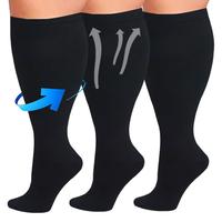 ISUNIE Plus Size Compression Socks for Men & Women 3 Pairs Solid Black 85% Nylon 15% Polyester Comfortable All-Day Wear Perfe...