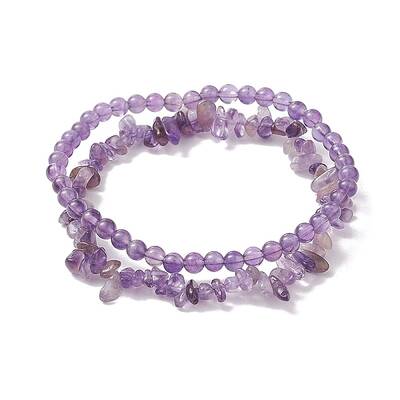 Chip & Round Natural Amethyst Beaded Stretch Bracelets for Women