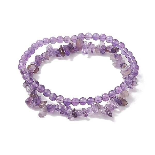 Chip & Round Natural Amethyst Beaded Stretch Bracelets for Women