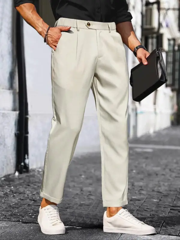 Men's Solid Button Fly Straight Leg Pants, Loose Casual Comfy Pocket Trousers for Work Office Business Daily Wear, Men's Bott...