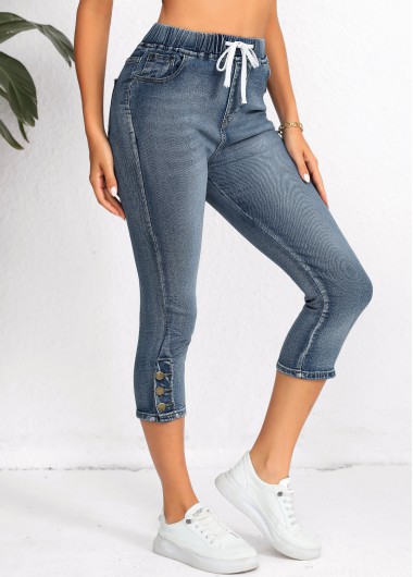 Modlily Denim Blue Pocket Regular Elastic Waist High Waisted Jeans - M