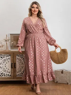 Plus Size Polka Dot Print Ruffle Hem Wrap Bishop Sleeve Dress, Elegant V Neck Long Sleeve A Line Dress For Spring & Fall, Wom...