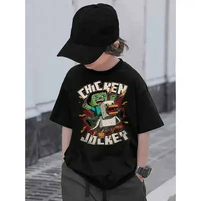 Boy's Cool Graphic Tee Shirt  Style Chicken Jockey Print Fun Summer Casual Top For Kids  Unique Cartoon Design Short Sleeve T...