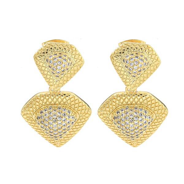 Brass Pave Clear Cubic Zirconia Dangle Stud Earrings
