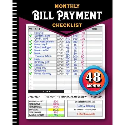 Monthly Bill Payment Checklist: Bill Tracker Notebook, The 4-Year Guide for Families & Money Managers, 960 Billing Records In...