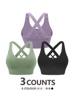Women's Solid Criss Cross Wireless Sports Bra, Breathable Comfortable High Stretch Sports Bra, Ladies Sportswear for Indoor O...