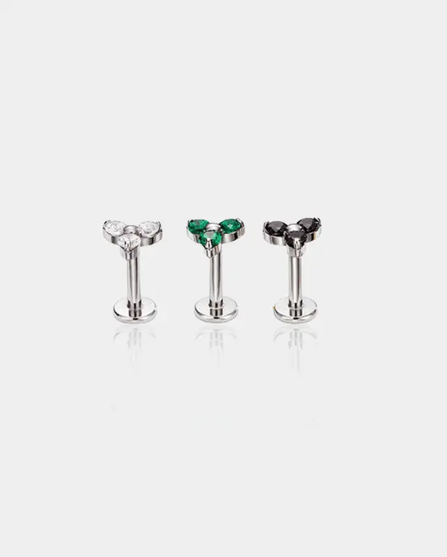 Triple CZ Threadless Push Pin Cartilage Stud - Silver / Black