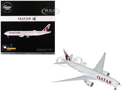 Boeing 777F Commercial Aircraft Qatar Cargo (A7-BFT) Gray with Tail Graphics Gemini 200 - Interactive Series 1/200 Diecast Mo...
