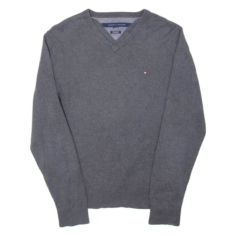 TOMMY HILFIGER Mens Jumper Grey V-Neck Tight Knit S