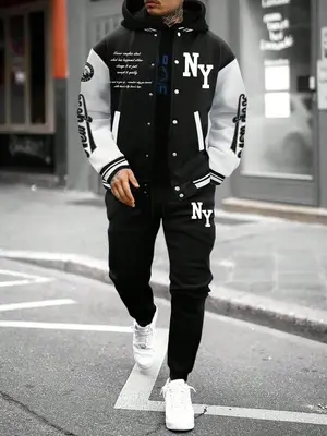 Two-Piece Set Men's Colorblock Letter Print Button Front Jacket & Drawstring Waist Sweatpants, Regular Fit Casual Long Sleeve...