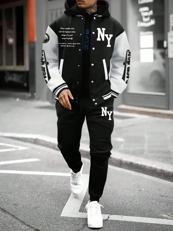Two-Piece Set Men's Colorblock Letter Print Button Front Jacket & Drawstring Waist Sweatpants, Regular Fit Casual Long Sleeve...