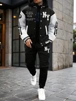 Two-piece Set Men's Colorblock Letter Print Button Longsleeves Baseball Jacket & Sweatpants, Casual Long Sleeve Outerwear & P...
