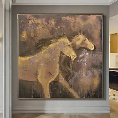 Abstract Horses Paintings On Canvas In Brown Colors Impressionist Art Modern Running Horses Painting Hand Painted Artwork | R...