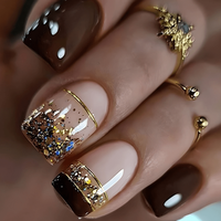 24PCS Glitter French Tip Press on Nails - Gold & Brown Acrylic Fake Nails with Rhinestones, Elegant Glamorous Nails for Women...