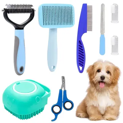 Pet Grooming Kit, 8 Counts/set Pet Grooming Brush Set, Including Pet Nail Clipper & Scissors & Shampoo Brush & Hair Removal ...