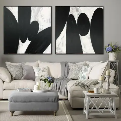 Set of 2 Paintings Black And White Wall Art Minimalist Artwork Diptych Painting Personalized Wall Art for Guest Room Wall Dec...