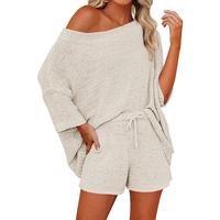 ARTFREE Women's 2 Piece Outfits Sweater Set Off Shoulder Knit Top and Drawstring Waist Short Suits