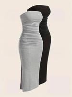 Women's Plain Ruched Split Hem Bodycon Tube Dress, Soft Fabric Casual Fashion Sleeveless Strapless Bandeau Dress for Daily ...