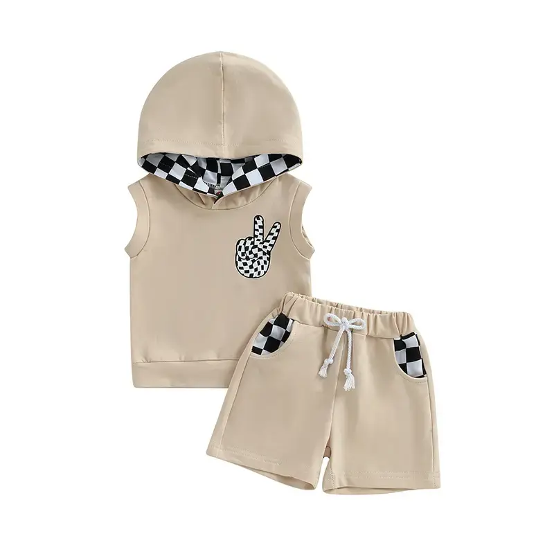 Toddler Boys 2PCS Shorts Sets 0-3 Years Sleeveless Hooded Vest and Drawstring Checkerboard Shorts Sets Baby Clothing Infant