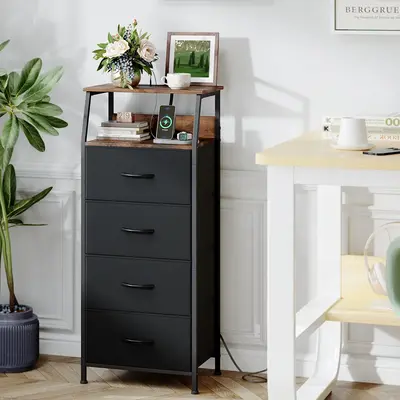 Somdot Black Nightstand with Charging Station and LED Light for Bedroom, Tall 5 Drawers Dresser with Fabric Bins for Bedside ...