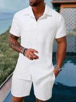 Men's Solid Short Sleeve Pajama Two-piece Set, Regular Fit Casual Comfy Button Up Shirt & Pants PJ Set, Men's Sleepwear for S...