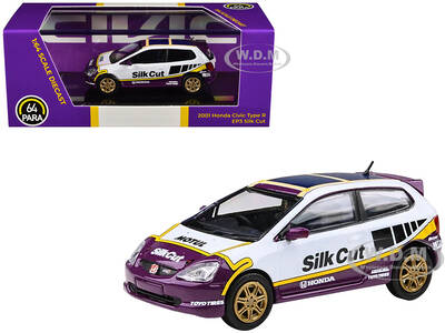 2001 Honda Civic Type R EP3 Silk Cut White and Purple with Graphics 1/64 Diecast Model Car by Paragon Models