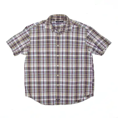 NAUTICA Sanded Poplin Shirt Purple Plaid Short Sleeve Mens XL