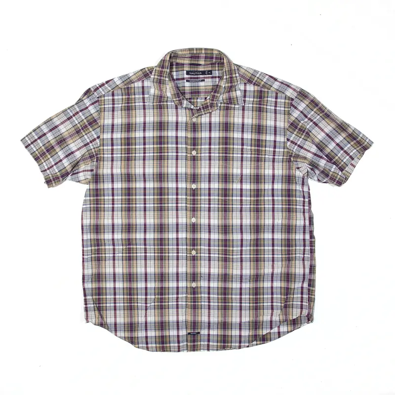 NAUTICA Sanded Poplin Shirt Purple Plaid Short Sleeve Mens XL