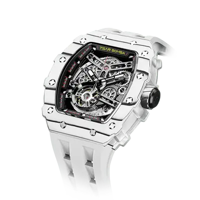 TSAR BOMBA Men's Automatic Watch | Carbon Fiber Luxury Skeleton Wristwatch | Elite White | Elemental TB8208CF | Tonneau Mecha...