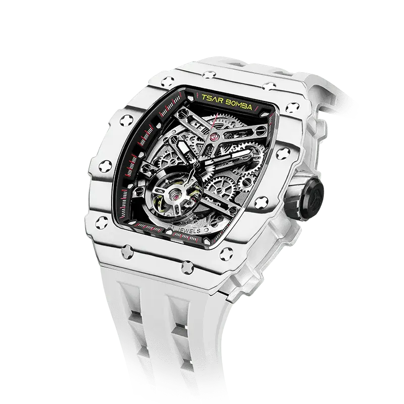 TSAR BOMBA Men's Automatic Watch | Carbon Fiber Luxury Skeleton Wristwatch | Elite White | Elemental TB8208CF | Tonneau Mecha...