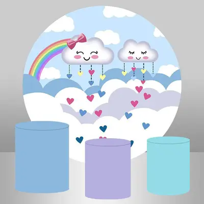 Aperturee White Clouds And Rainbow Round Birthday Party Backdrop | Round Backdrop Stand Covers | Circle Backdrops For Birthda...