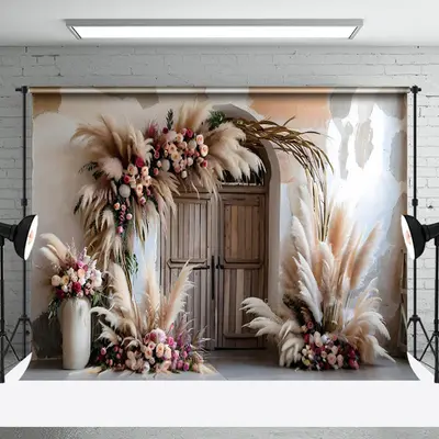 Aperturee Boho Hay Floral Retro Wooden Door Photo Backdrop