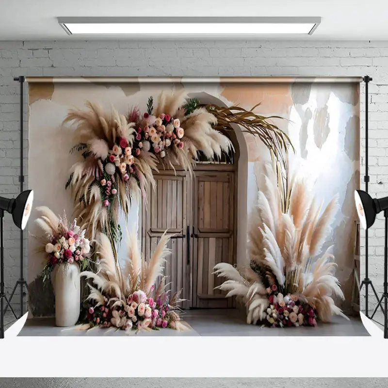 Aperturee Boho Hay Floral Retro Wooden Door Photo Backdrop
