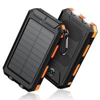 10000mAh portable solar power bank with LED light - 2 USB charging ports, durable black and orange design for outdoor and eme...