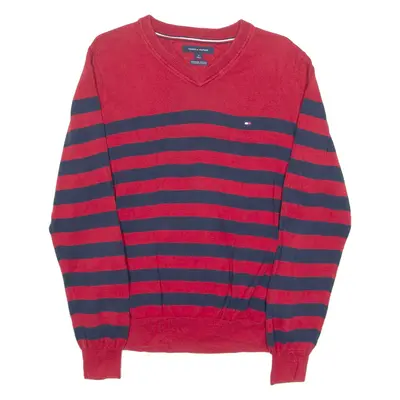 TOMMY HILFIGER Mens Patterned Jumper Red Striped V-Neck Tight Knit M