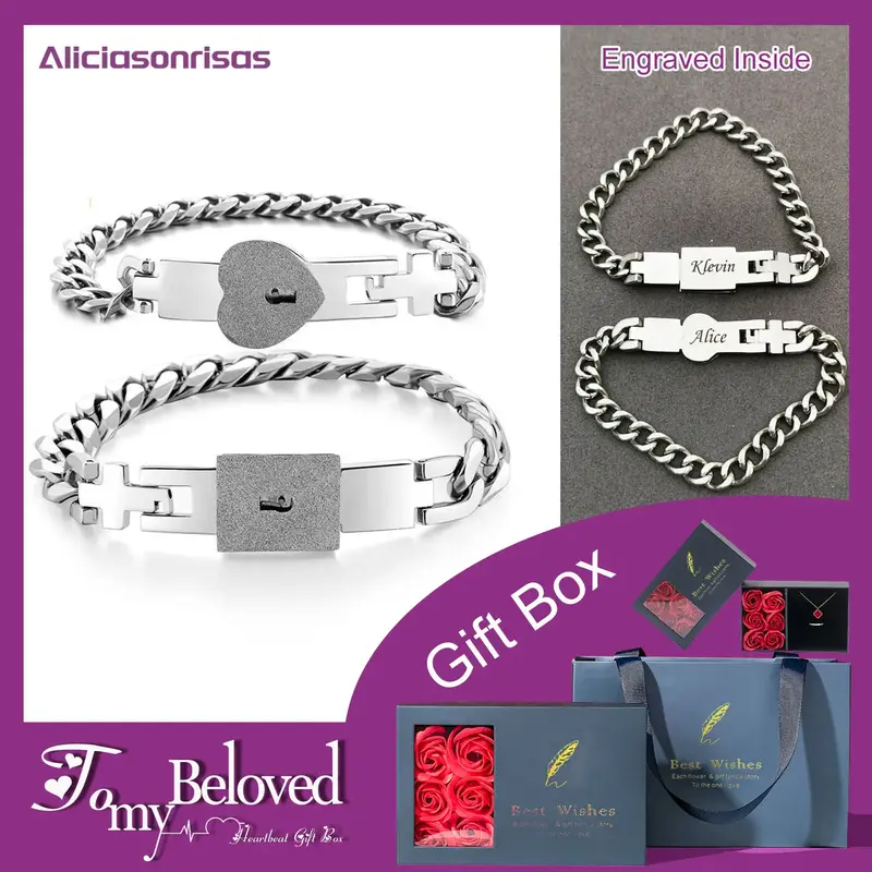 A-028 Customized Fashion Personality Heart Lock Bracelet Stainless Steel Couple Bracelet Holiday Anniversary Gift for Men and...