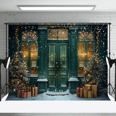 Green Door Tree Gift Winter Snowy Christmas Backdrop - Aperturee