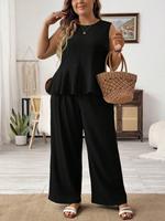 【Plus Size】 Two-Piece Set Solid Color Tank Top & Pants Set, Casual Sleeveless Top & Trousers, Women's Two-piece Outfits f...