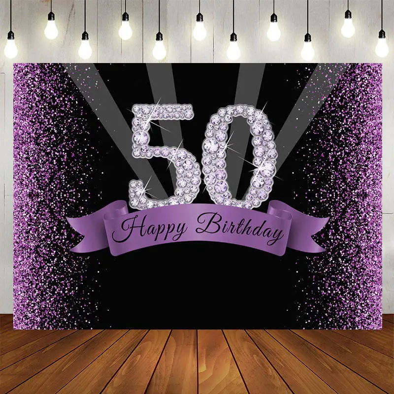 Aperturee Diamond Glitter Purple Fifty Birthday Backdtops